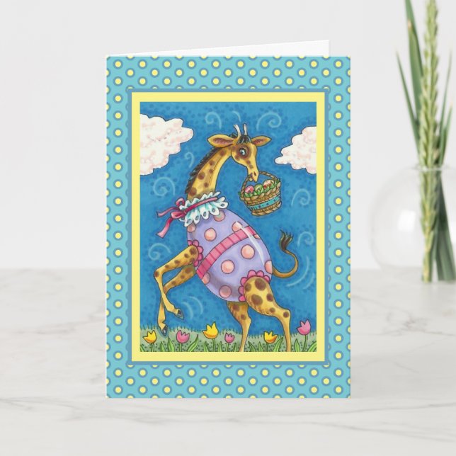 EASTER EGG GIRAFFE & SPRING TULIPS Verse Holiday Card (Front)