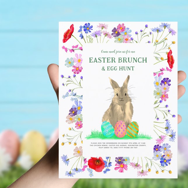 Easter Egg Hunt and Brunch Bunny Boho Floral Invitation Postcard (Easter brunch and egg hunt colorful wildflowers and Easter bunny invitation )