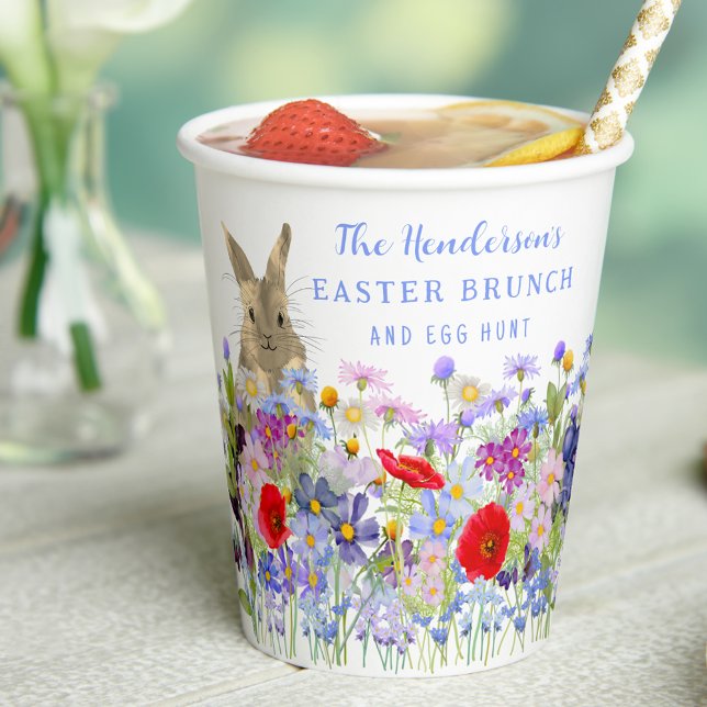 Easter Egg Hunt and Brunch Bunny Floral Paper Cups (Personalized Easter brunch egg hunt watercolor cute bunny spring florals spring party paper cup)