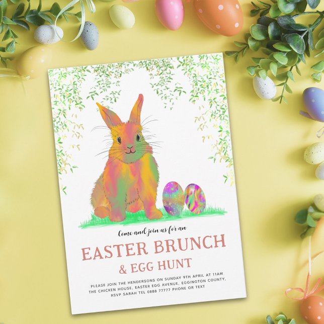 Easter Egg Hunt and Brunch Cute Bunny Invitation (Easter egg hunt spring brunch colorful cute bunny and eggs garden party invitation)