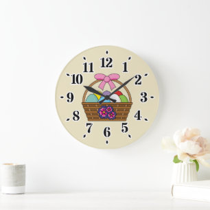 Easter Egg Hunt Basket w Pastel Eggs Large Clock