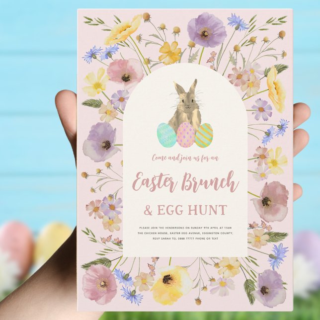 Easter Egg Hunt Brunch Cute Bunny Floral Pink Invitation (Easter brunch and egg hunt boho floral bunny invitation )