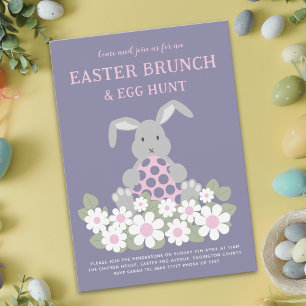 Easter Egg Hunt Brunch Cute Bunny Pink Floral Invitation Postcard