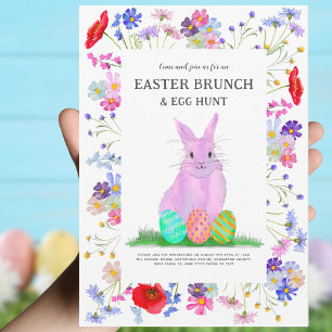 Easter Egg Hunt Brunch Cute Pink Bunny Floral Invitation