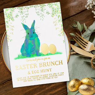 Easter Egg Hunt Brunch Cute Watercolor Bunny Gold Foil Invitation Postcard