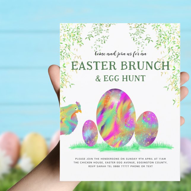 Easter Egg Hunt Brunch Watercolor Cute budget Invitation Postcard (Funny Hen Easter egg hunt and brunch custom spring holiday garden party invitation )