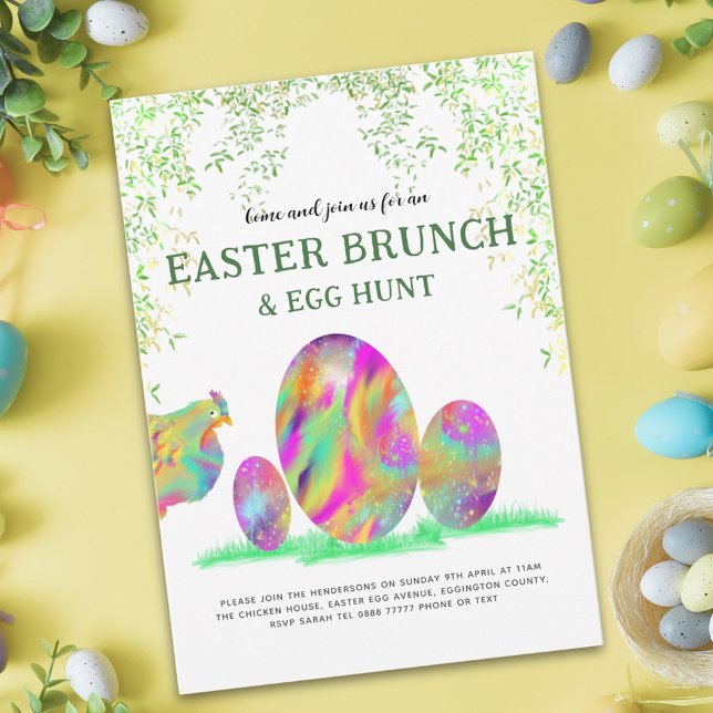 Easter Egg Hunt Brunch Watercolor Cute Hen budget (Easter egg hunt brunch cute chicken colorful watercolor spring garden party budget  invitation)