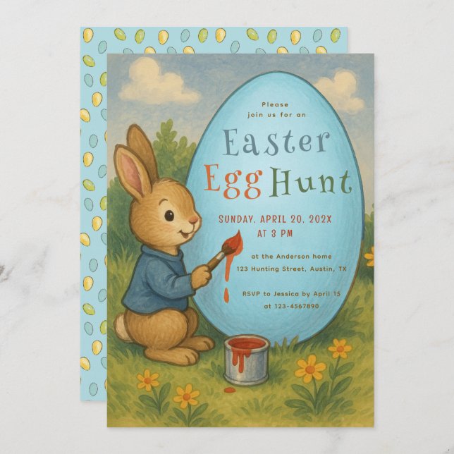 Easter Egg Hunt Bunny Cute Rabbit Paints Blue Egg Invitation (Front/Back)