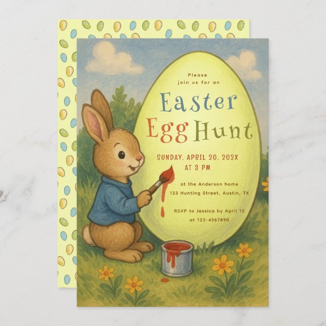 Easter Egg Hunt Cute Bunny Rabbit Painting Yellow Invitation (Front/Back)