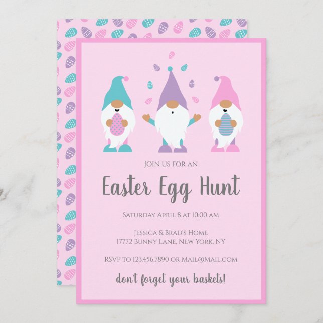 Easter Egg Hunt Gnomes Pink Invitation (Front/Back)