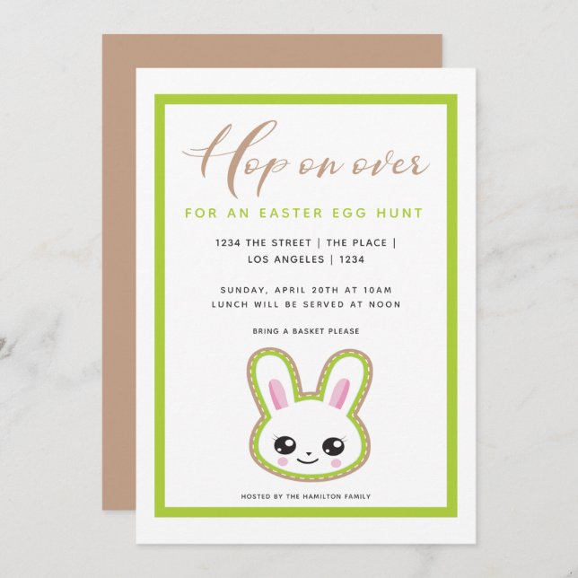 Easter Egg Hunt Hop On Over Bunny Personalised Invitation (Front/Back)