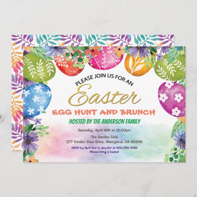 Easter egg hunt invitation. Watercolor flower Invitation (Front/Back)
