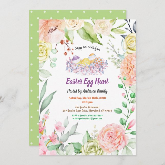 Easter egg hunt invitation. Watercolor flower Invitation (Front/Back)