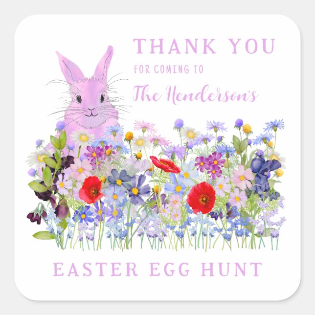 Easter Egg Hunt Pink Bunny Floral Thank You Square Sticker (Front)