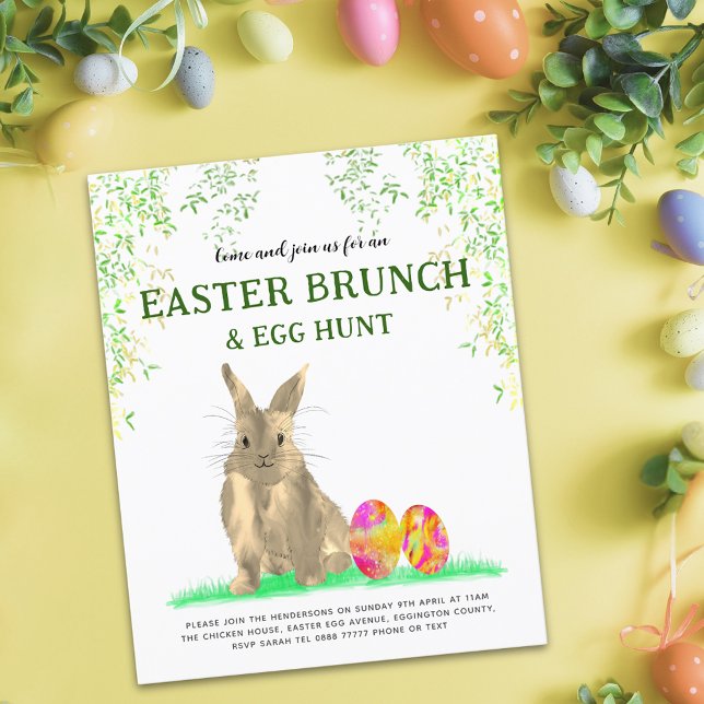Easter Egg Hunt Spring Brunch Cute Bunny Budget (Easter brunch egg hunt cute bunny watercolor colorful eggs spring garden party budget invitation)