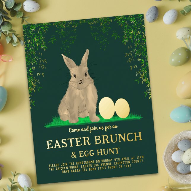 Easter Egg Hunt Spring Brunch Cute Bunny Eggs Gold Foil Invitation Postcard (Modern easter egg hunt spring brunch cute bunny golden  eggs green gold foil invitation Postcard)
