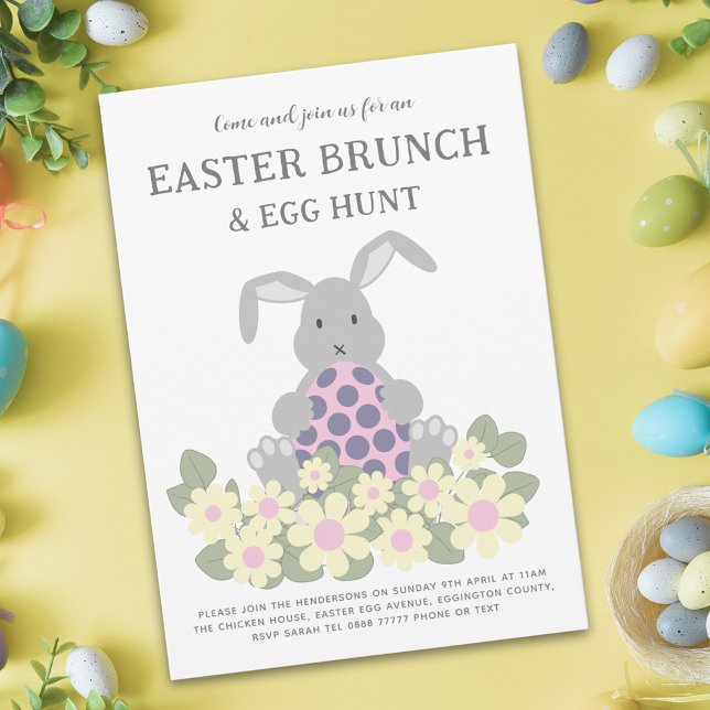 Easter Egg Hunt Spring Brunch Cute Bunny Floral Invitation (Easter egg hunt spring brunch cute bunny daisy floral pink invitation)