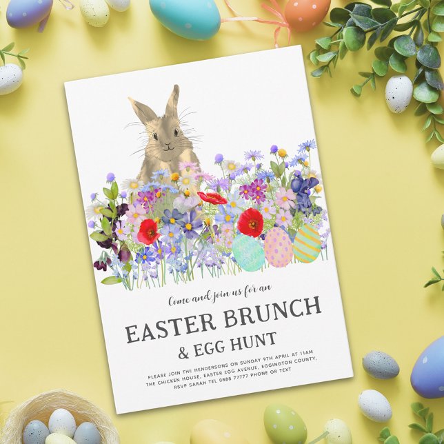 Easter Egg Hunt Spring Brunch Cute Bunny Floral Invitation (Easter egg hunt spring brunch watercolor wildflower meadow cute bunny and eggs invitation)
