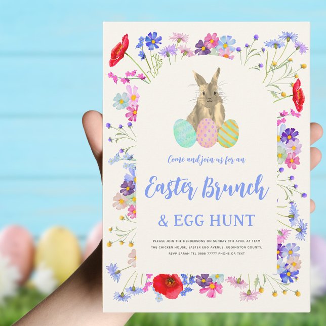 Easter Egg Hunt Spring Brunch Cute Bunny Floral Invitation (Easter brunch and egg hunt boho bunny invitation)