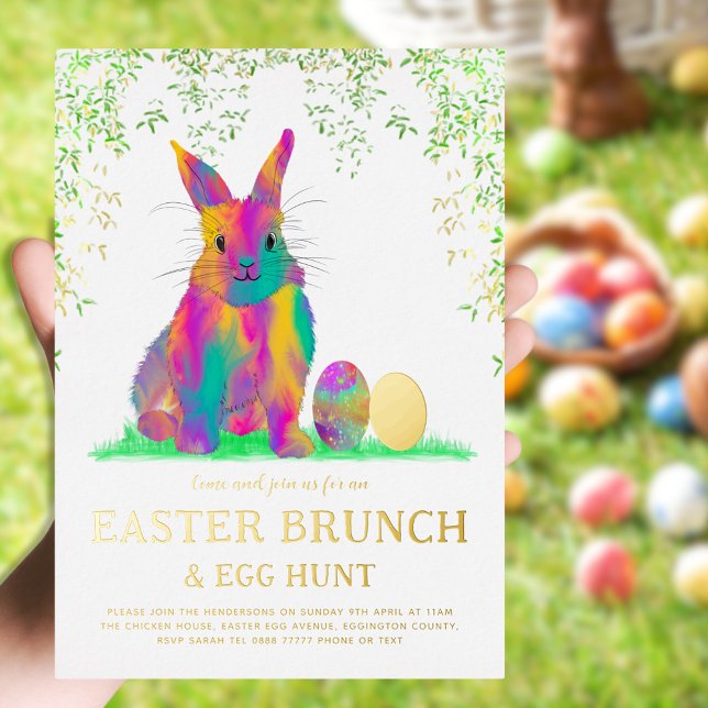 Easter Egg Hunt Spring Brunch Cute Pink Bunny Gold (Easter brunch and egg hunt colorful Easter bunny gold foil invitation )
