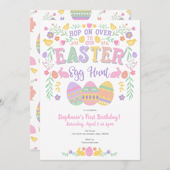Easter egg hunt, Spring, Bunny, Girl Birthday Invitation (Front/Back)
