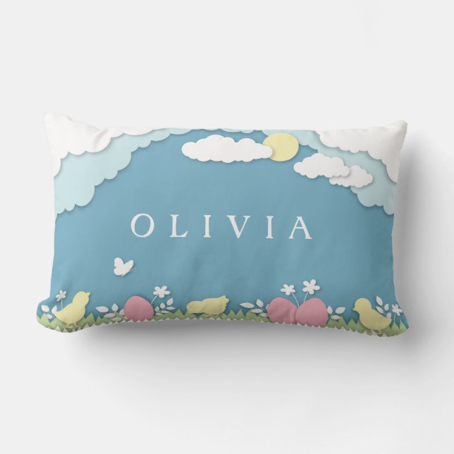Easter egg hunt, spring holidays papercut name lumbar cushion (Front)