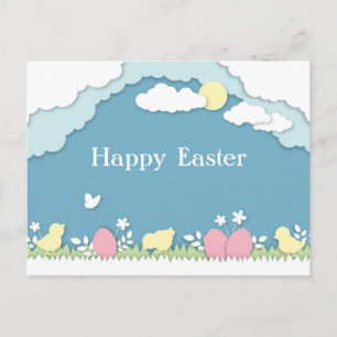 Easter egg hunt, spring holidays papercut nature postcard