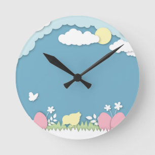 Easter egg hunt, spring holidays papercut nature round clock