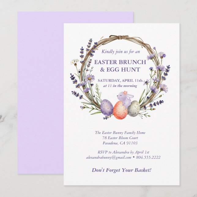 Easter Egg Hunt Watercolor Lavender Cute Bunny Invitation (Front/Back)