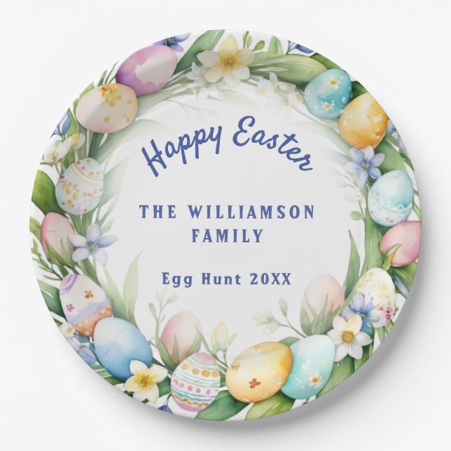 Easter Egg Hunt Watercolor Wreath Personalised Paper Plate (Front)