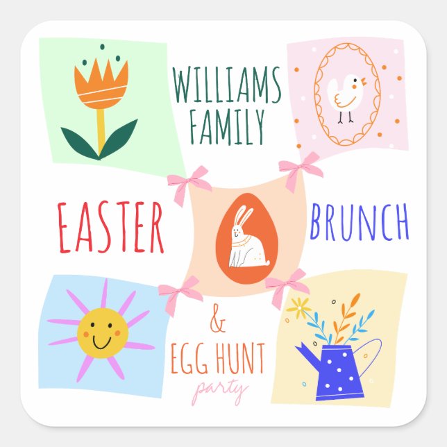 Easter Egg Hunt Wavy Chequerboard Bunny Brunch Bow Square Sticker (Front)