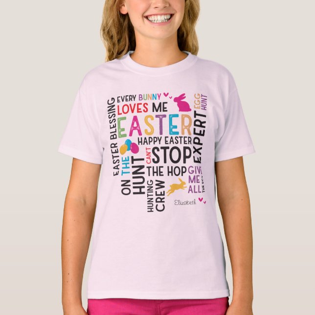 Easter Egg Hunt Word Cloud with Kid Name Pink T-Shirt (Front)