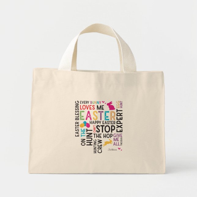 Easter Egg Hunt Word Cloud with Kid Name Year Mini Tote Bag (Front)