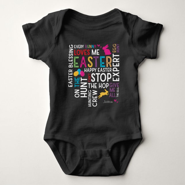 Easter Egg Hunt Word Cloud with Name Black Baby Bodysuit (Front)