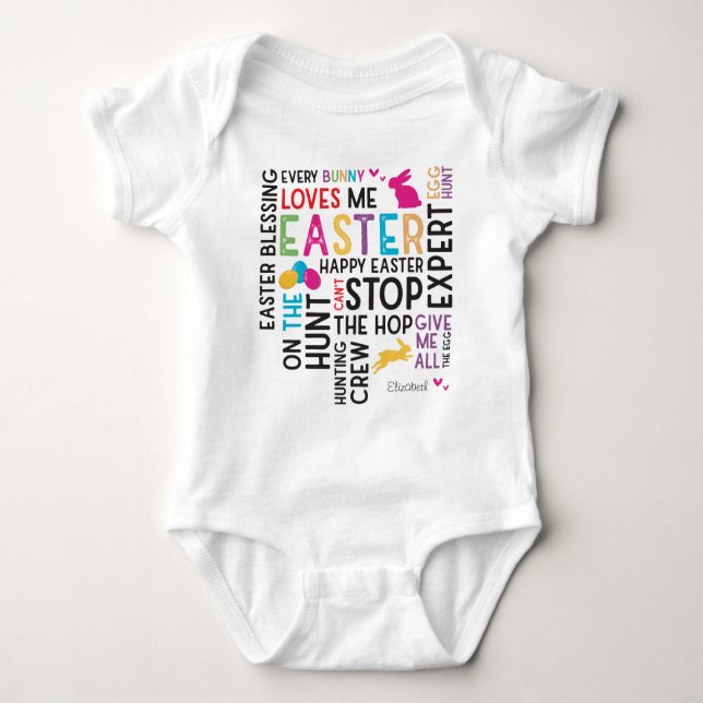Easter Egg Hunt Word Cloud with Name White Baby Bodysuit (Front)