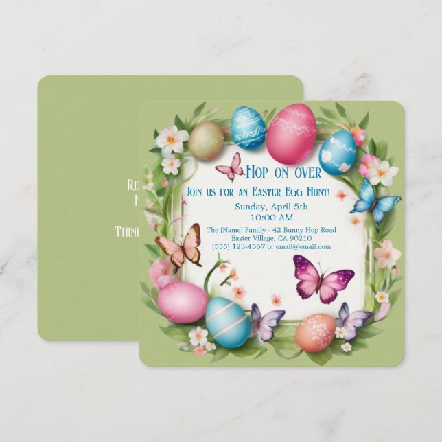 Easter Egg Hunt Wreath Butterflys Hop on over -  Invitation (Front/Back)
