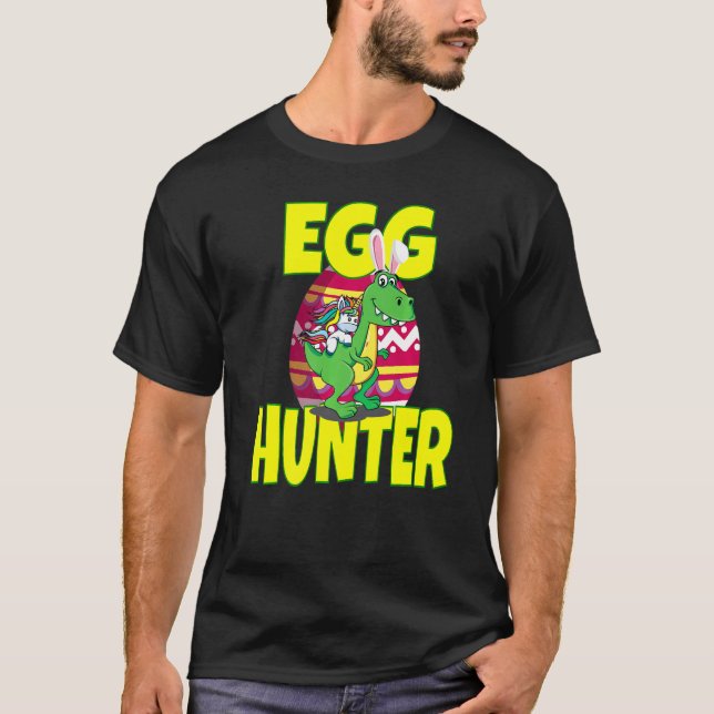 Easter Egg Hunter Unicorn Riding Rex Dinosaur   T-Shirt (Front)