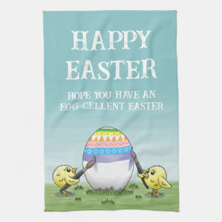 Easter egg is painted by the chickens tea towel