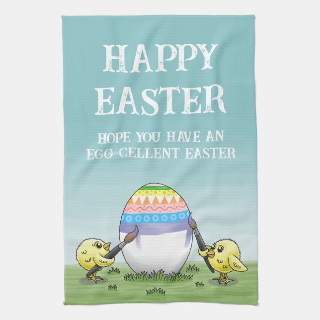 Easter egg is painted by the chickens tea towel (Vertical)