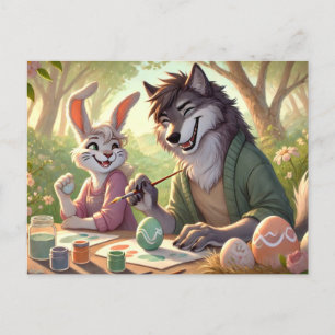 Easter Egg Painting – Wolf & Bunny Art Fun Holiday Postcard