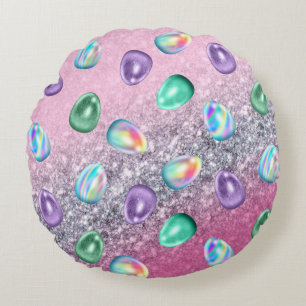 Easter Egg Pink Purple Tie Dye Glitter Glam Round Cushion