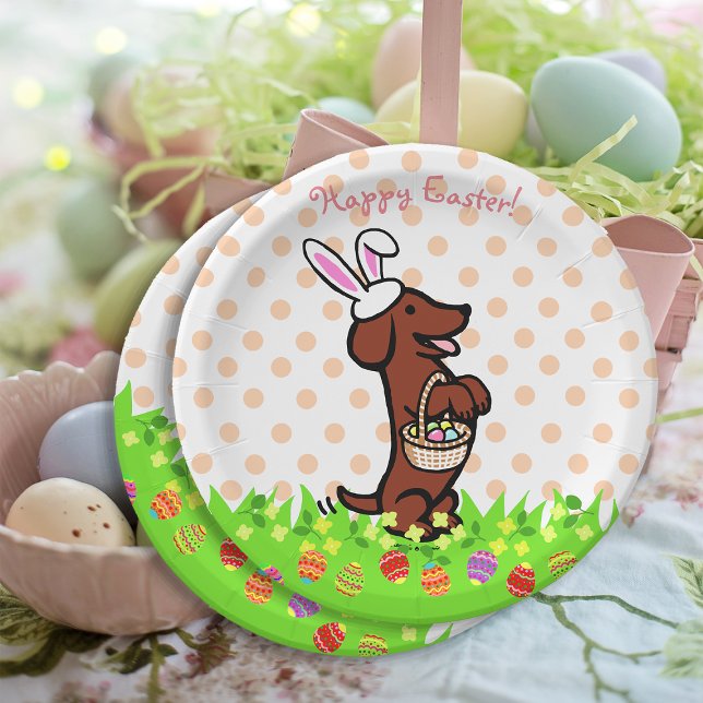 Easter Egg Red Smooth Haired Dachshund Plates (Easter Egg Red Smooth Haired Dachshund Paper Plate for Easter Egg Hunt.  Cute Dog Cartoon Design.)