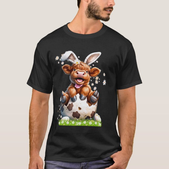 Easter Egg Surprise Cute Highland Cow T-Shirt (Front)