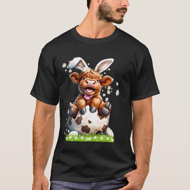Easter Egg Surprise Cute Highland Cow T-Shirt (Front)