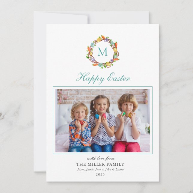 Easter egg wreath monogrammed photo holiday card (Front)