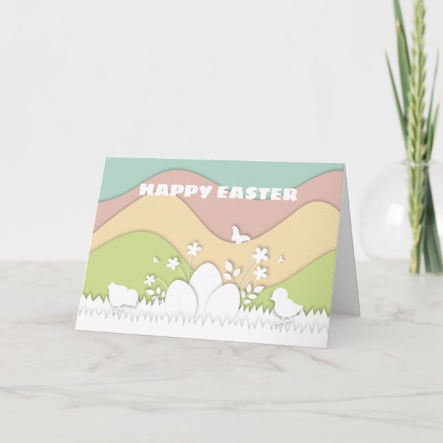 Easter eggs and chicks in spring nature card (Front)