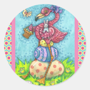 EASTER EGGS AND CUTE BABY PINK FLAMINGO WITH BUNNY CLASSIC ROUND STICKER