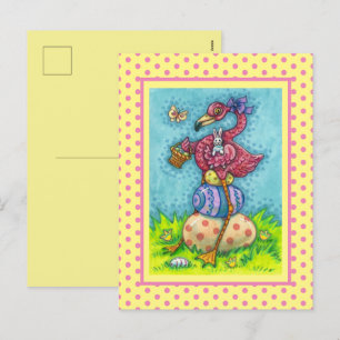 EASTER EGGS AND CUTE BABY PINK FLAMINGO WITH BUNNY HOLIDAY POSTCARD