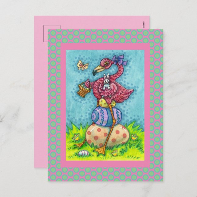 EASTER EGGS AND CUTE BABY PINK FLAMINGO WITH BUNNY HOLIDAY POSTCARD (Front/Back)