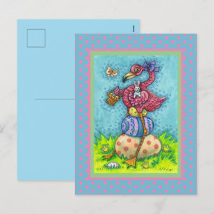 EASTER EGGS AND CUTE BABY PINK FLAMINGO WITH BUNNY HOLIDAY POSTCARD